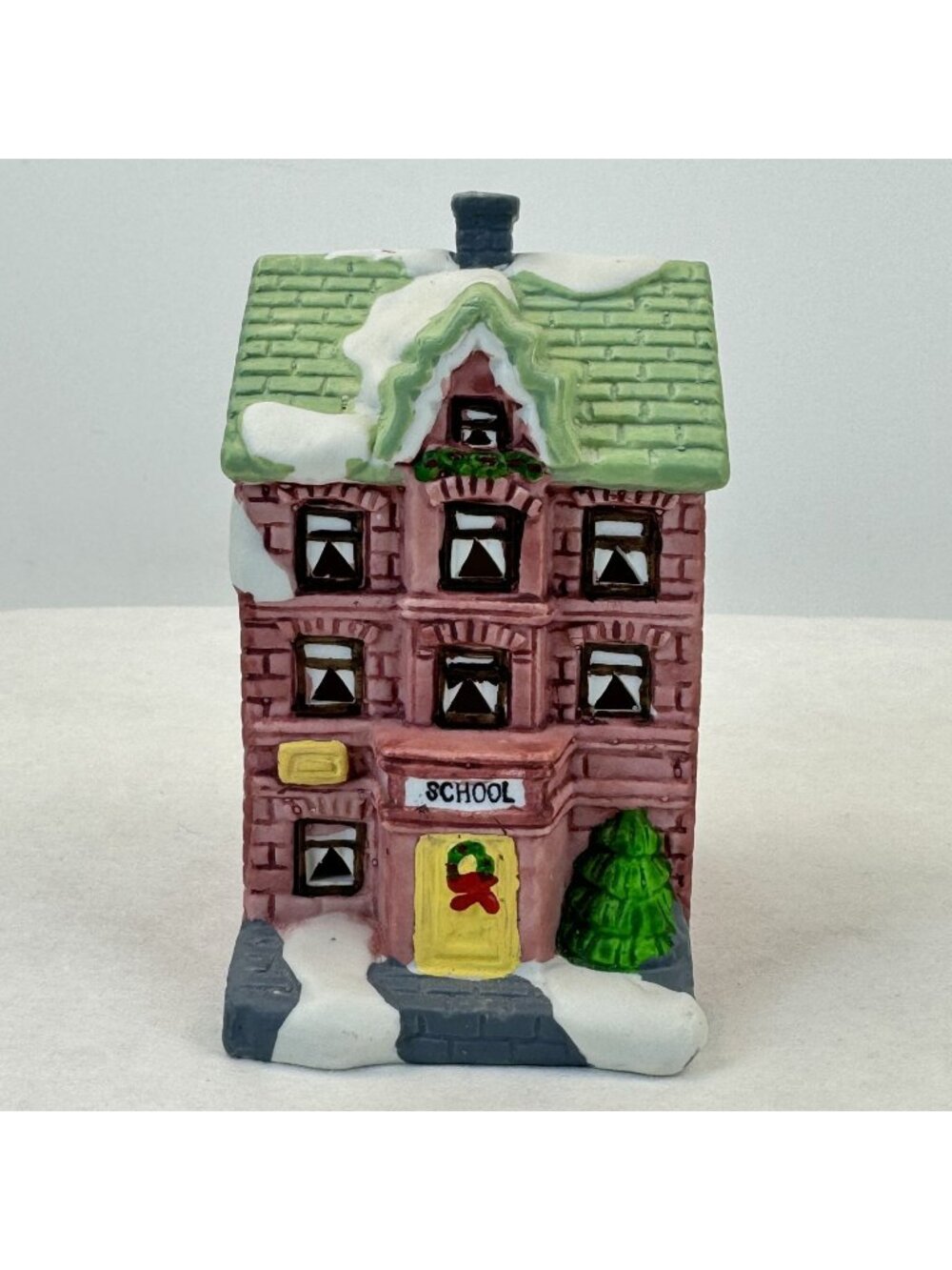 Lotus Ceramic Christmas Village Schoolhouse Vintage 4" Figurine Snow Accents